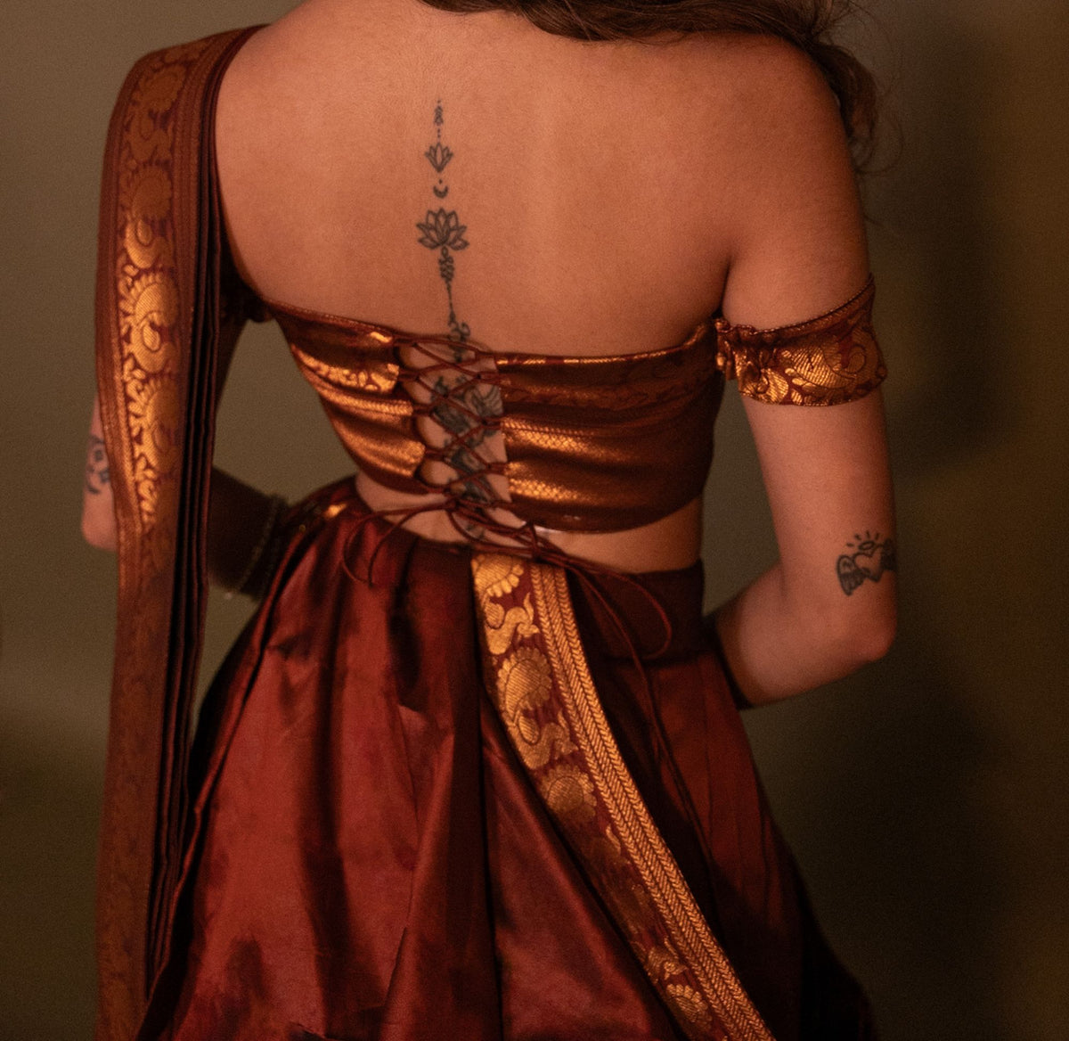 Half Saree - Brown - Off Shoulder - back
