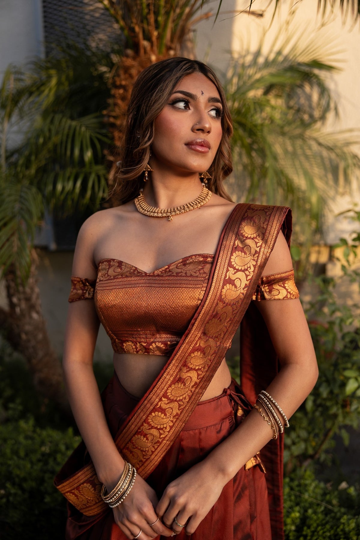 Half Saree - Brown - Off Shoulder - front