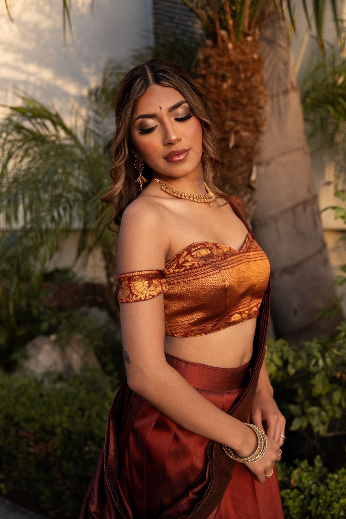 Half Saree - Brown - Off Shoulder - front detail