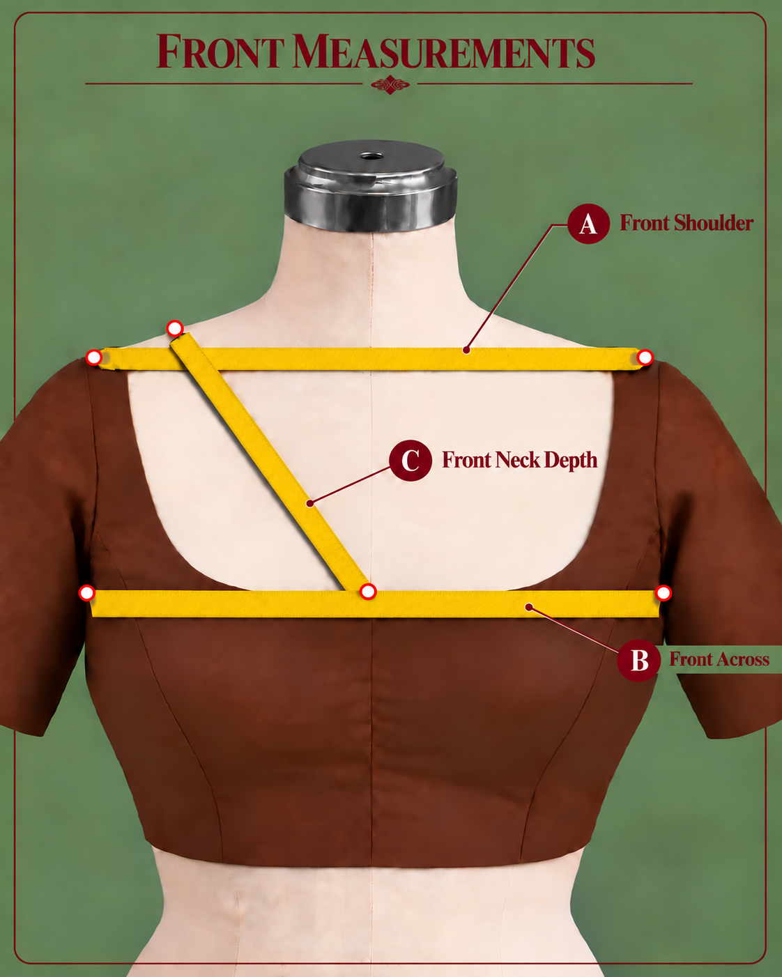 Measurements A through C: front shoulder, front across, and front neck depth