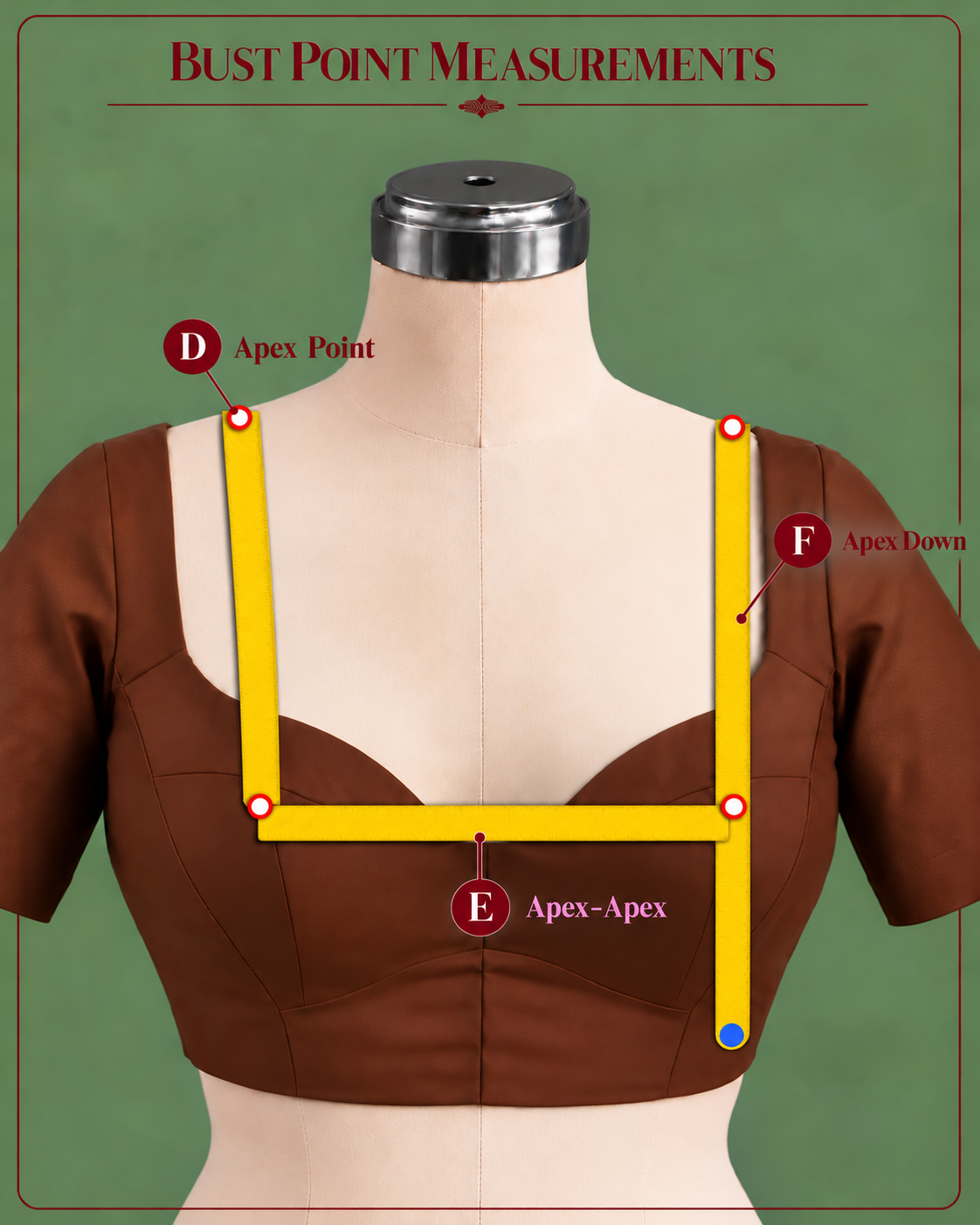 Measurements D through F: apex point, apex to apex, and apex down