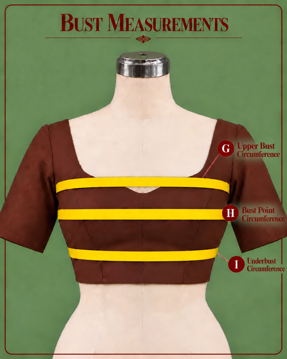 Measurements G through I: upper bust, bust point, and underbust