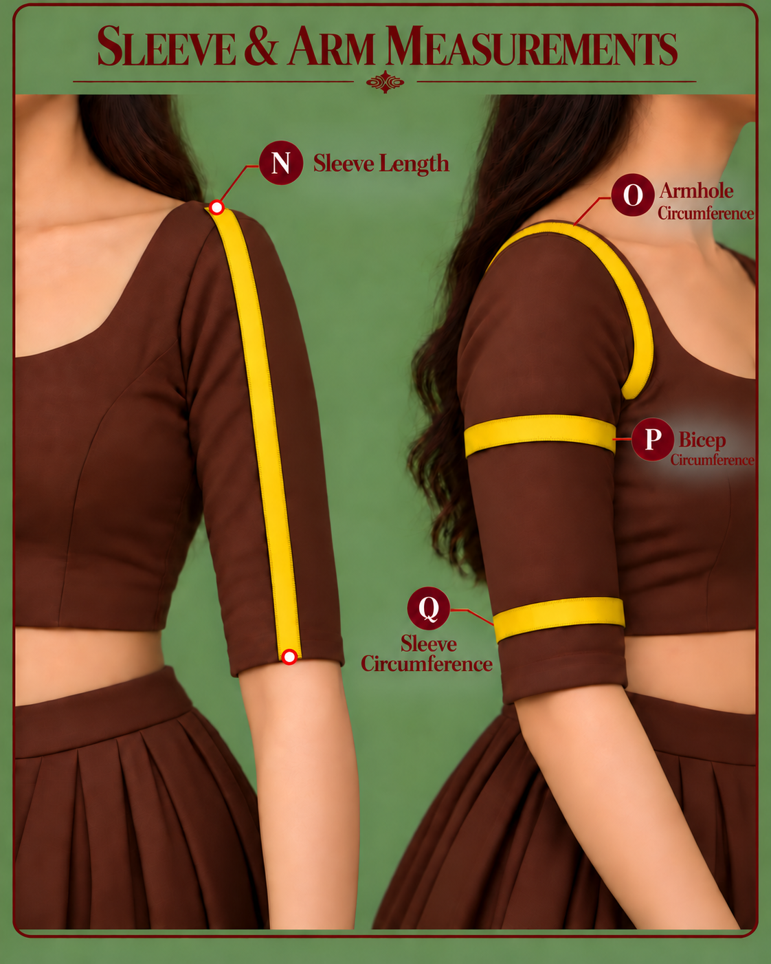 Measurements N through Q: sleeve length, armhole, bicep, and sleeve circumference