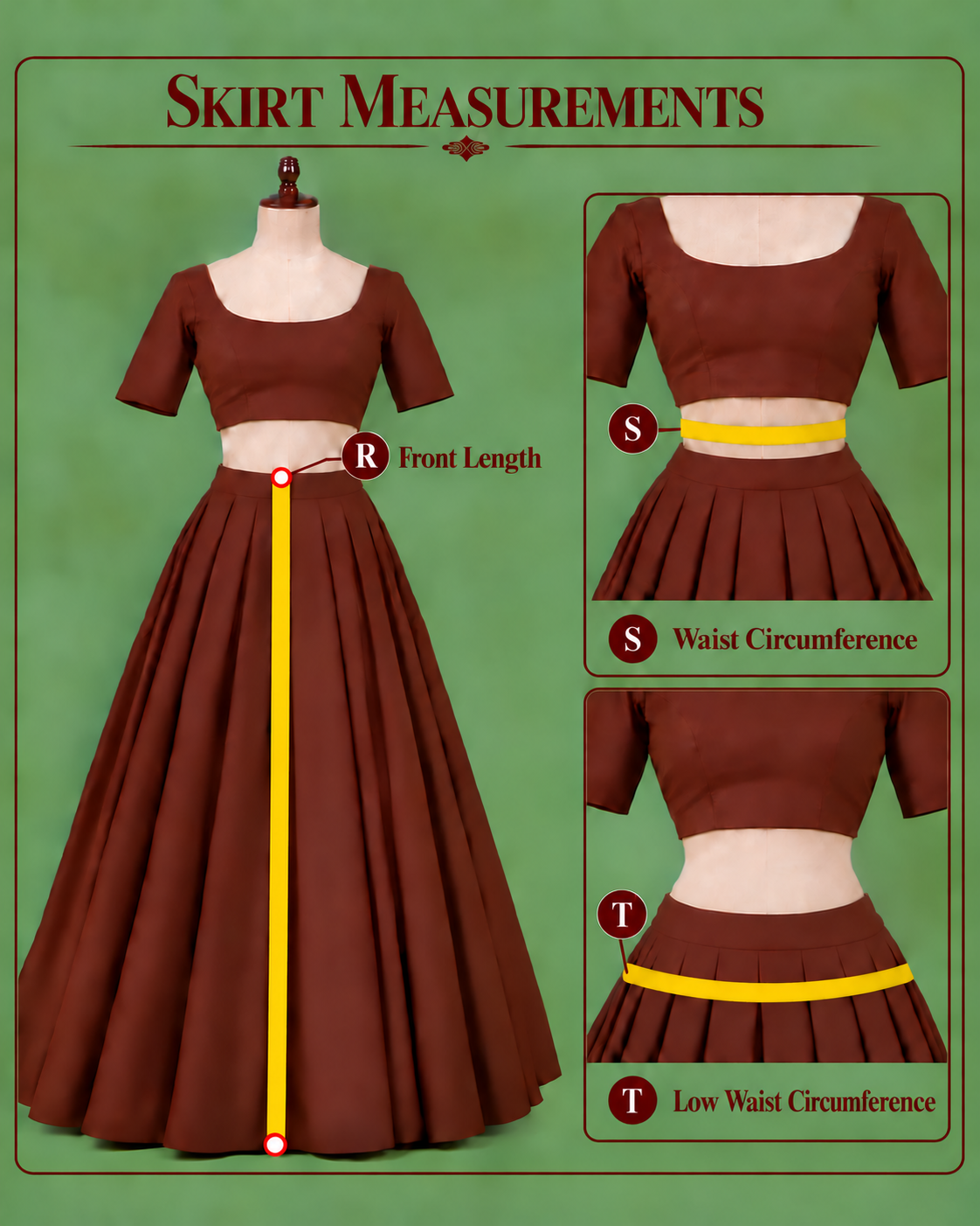 Measurements R through T: front length, waist, and low waist